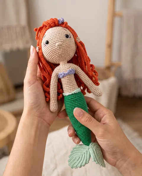 Muñeca sirena sostenida en las manos