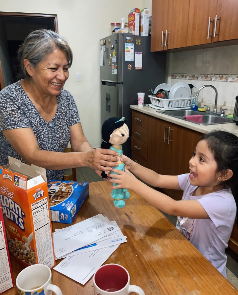 Abuela entregándole la muñeca turquesa a su nieta en la cocina
